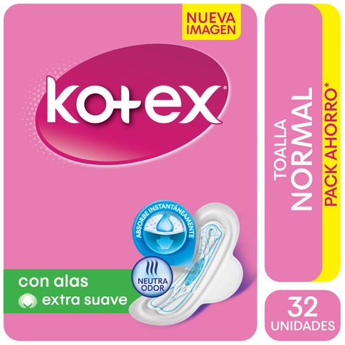 Toalla Femenina Kotex Tela Normal Con Alas 32 Unidades Totex