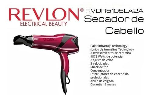 Revlon Secador Cabello 1900W -Tecnologia De Calor Infrarojo - Ion - 2 Velocidades Rvdr5105La2A