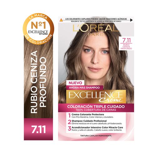 Kit Tintura Excellence Creme Tono 7.11 Rubio Ceniza Profundo
