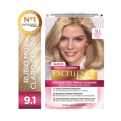 Kit Tintura Excellence Creme Tono 9.1 Rubio Muy Claro Ceniza