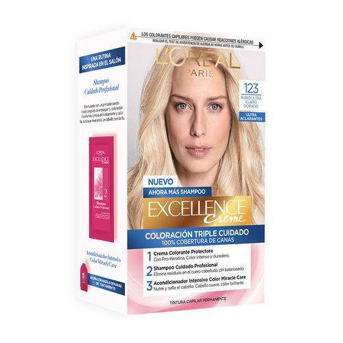 Kit Tintura Excellence Creme Ultra Aclarante Tono 123 Rubio Ultra Claro Dorado